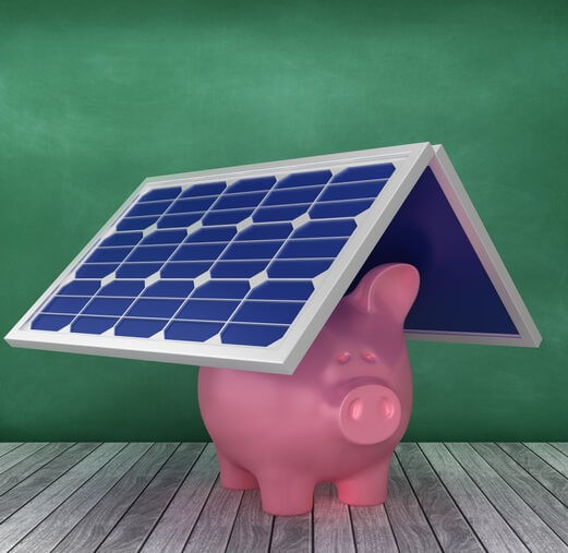 Piggy Bank with Solar Panel on Chalkboard Background - 3D Rendering